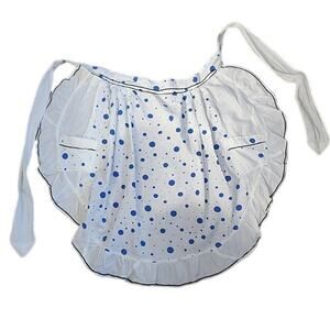 Vtg Handmade Half‎ Apron Blue polka dot 21"waist 22"lgth 22"x2ties